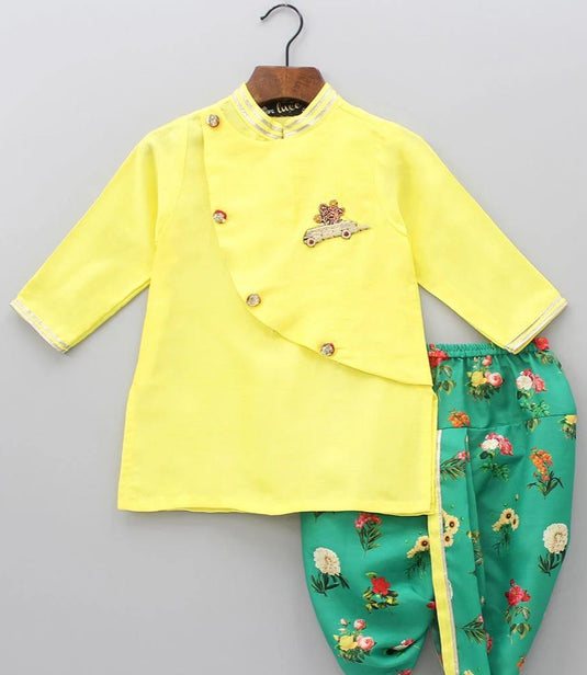 Yellow Layered Kurta With Green Dhoti