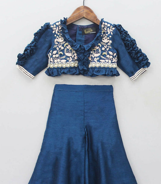 Blue Embroidered Frilly Palazzo Set