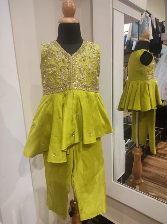 Green Embroidered High Low Peplum Coord Set