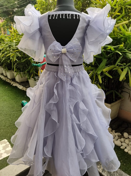 Lavender Grey Organza Ruffle Sequins Lehenga