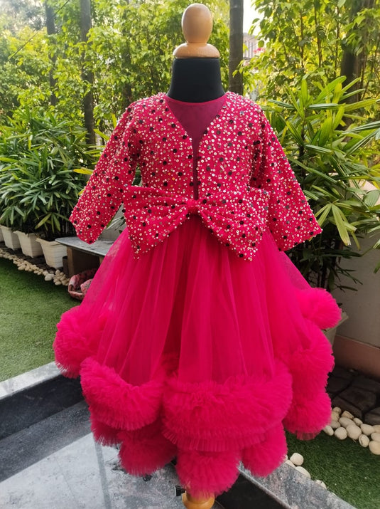 Red Double Layered Ruffle Heavy Sequins Bow Gown