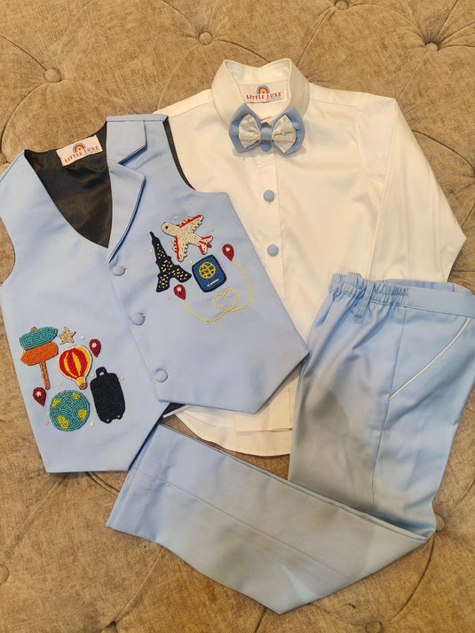 Around The World theme 4 Piece Waistcoat set Light Blue