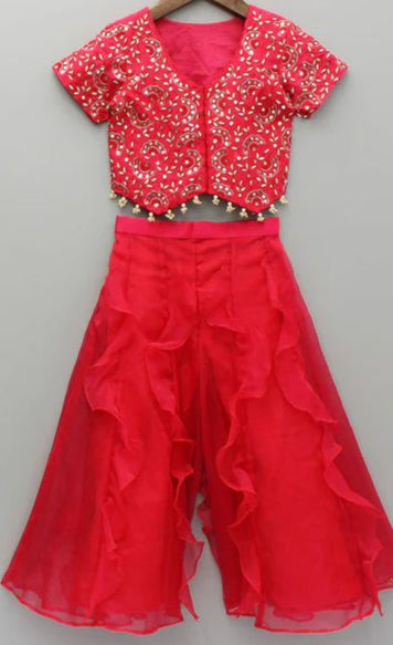 Red Mirrorwork Waistcoat With Ruffle Palazzo