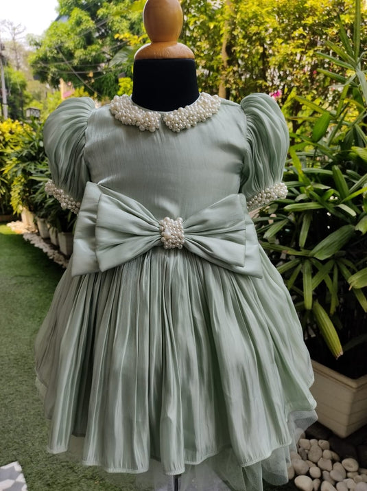 Green Butter Silk Frock With Big Bow