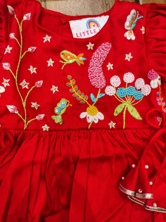 Flowers, Butterfly Pompom Red Girls Jaamna Set