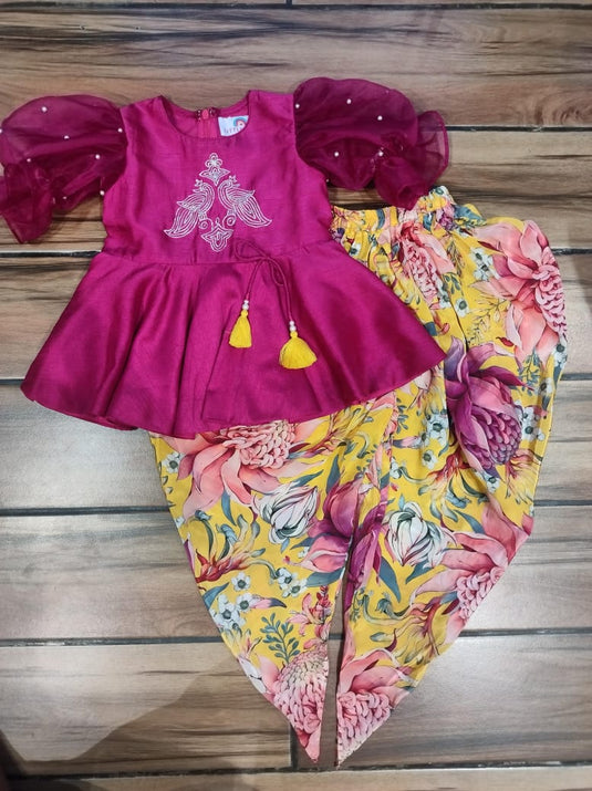 Magenta Embroidered Peplum Printed Dhoti Set