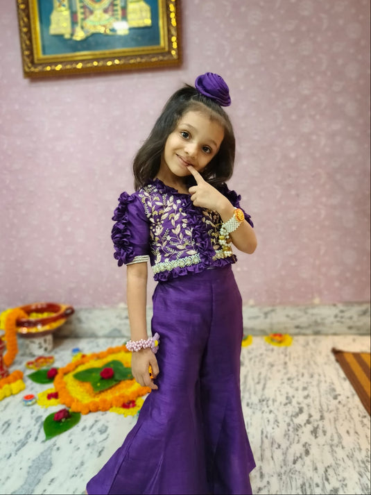 Purple Embroidered Frilly Palazzo Set