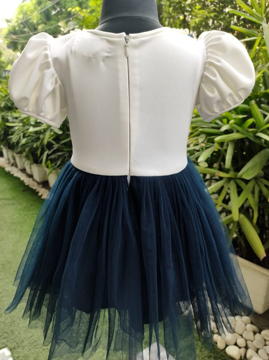 Deep Blue And White Pearl Bow Frock Set