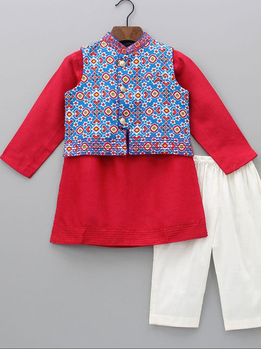 Blue Patola Waistcoat Red Kurta Set With Pant