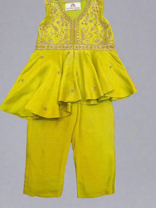 Green Embroidered High Low Peplum Coord Set