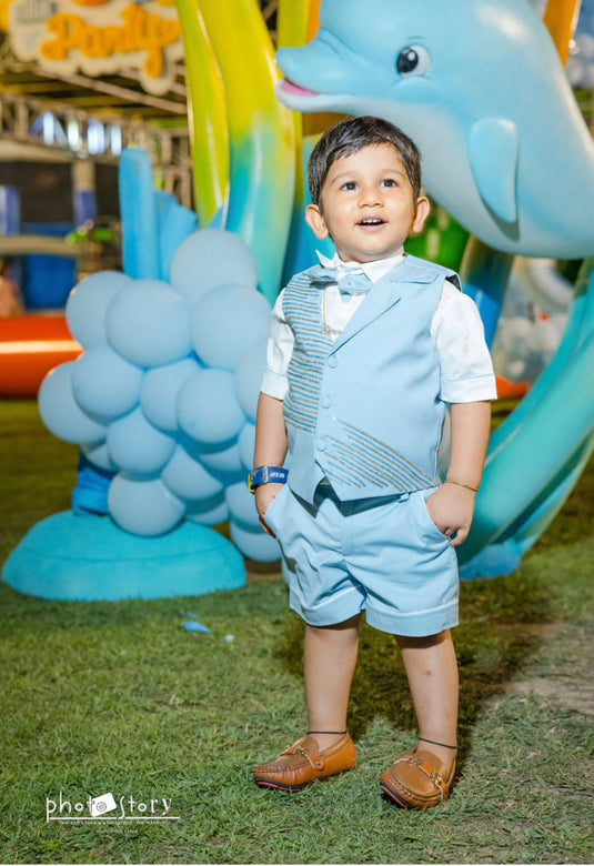 Light Blue Embroidered Waistcoat Set With Shorts