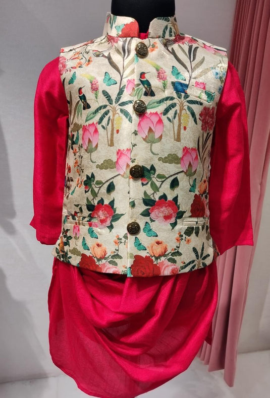 Red Cowl Printed Waistcoat Set With Pant