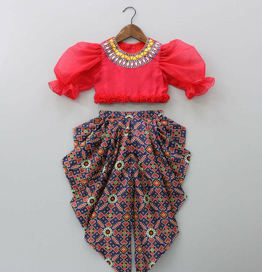Red Mirrorwork Top With Printed Blue Dhoti Pant