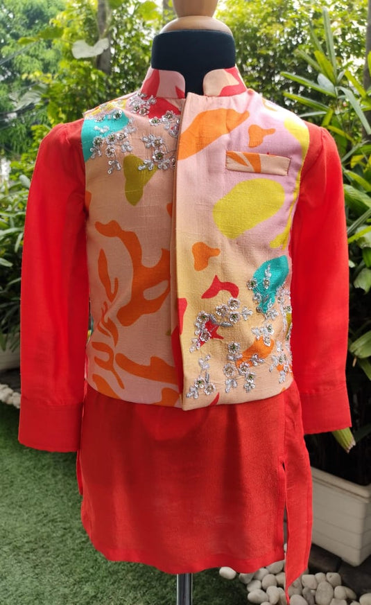 Embroidered Multicolor Waistcoat Kurta Set With Pant