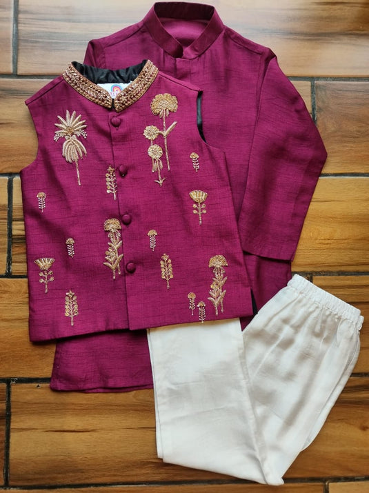Magenta Dori Embroidery Kurta Waistcoat Set With Pant