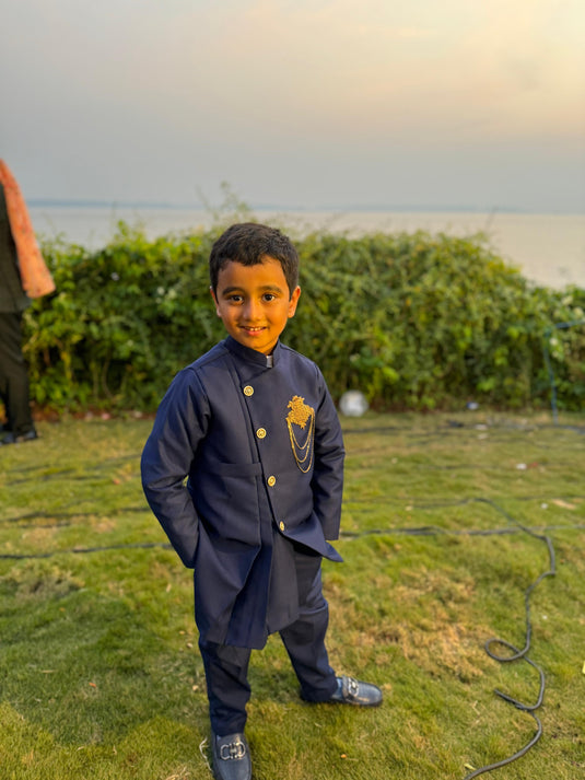 Navy Blue Drape Bandhgala Jacket