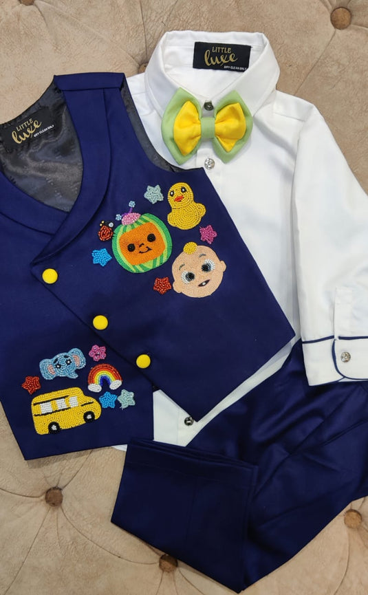 Coco Melon theme 4 Piece Waistcoat set Dark Blue