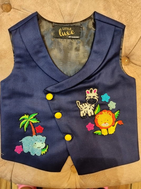 Animals Embroidered Navy Blue Waistcoat