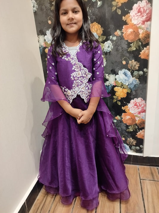 Purple Embroidered Waistcoat Style Lehenga Set