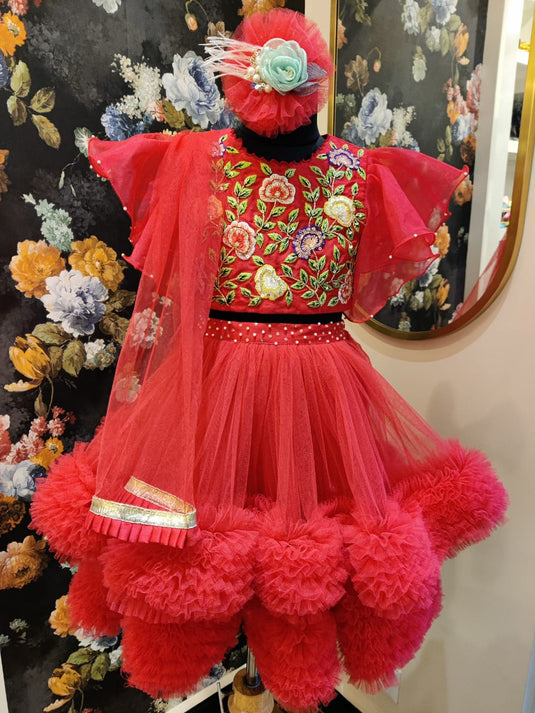 Red Double Ruffle Layered Embroidered Lehenga Set