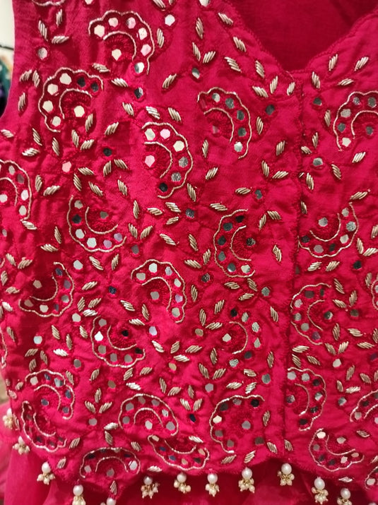 Red Mirrorwork Waistcoat With Ruffle Palazzo