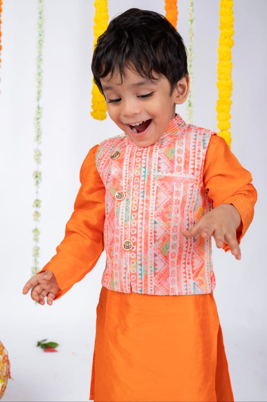 Orange Waistcoat Set With Pant