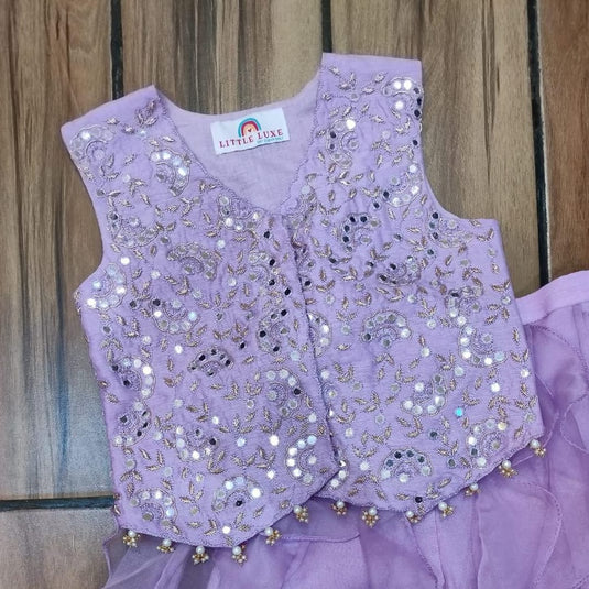 Lavender Mirrorwork Waistcoat With Ruffle Palazzo