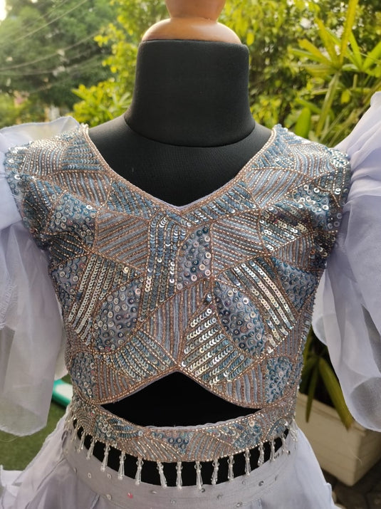 Lavender Grey Organza Ruffle Sequins Lehenga