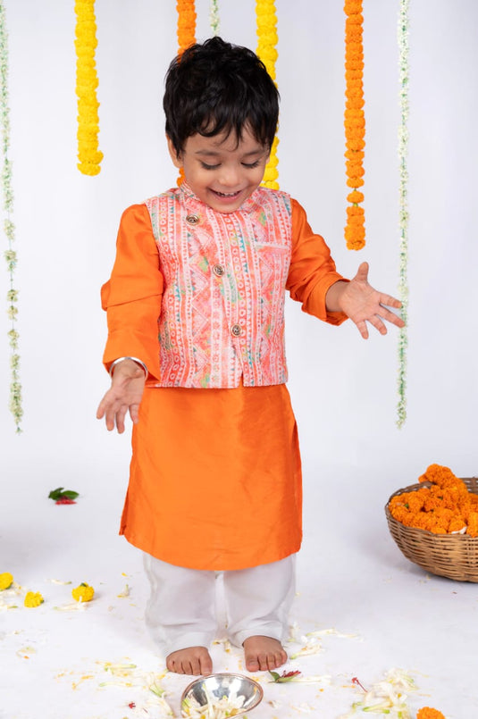 Orange Waistcoat Set With Pant