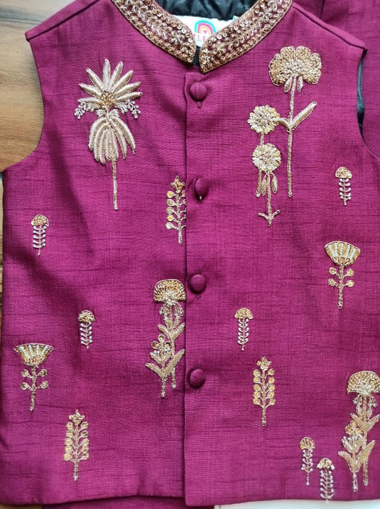 Magenta Dori Embroidery Kurta Waistcoat Set With Pant