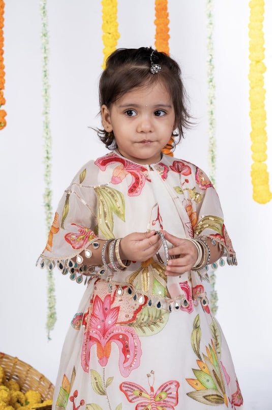 White Sequins Cape Lehenga Set