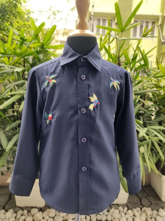 Navy Birds Embroidered Shirt