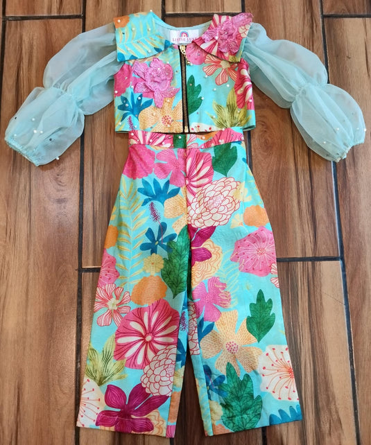 Blue Floral Cord Set With Pink Flowers