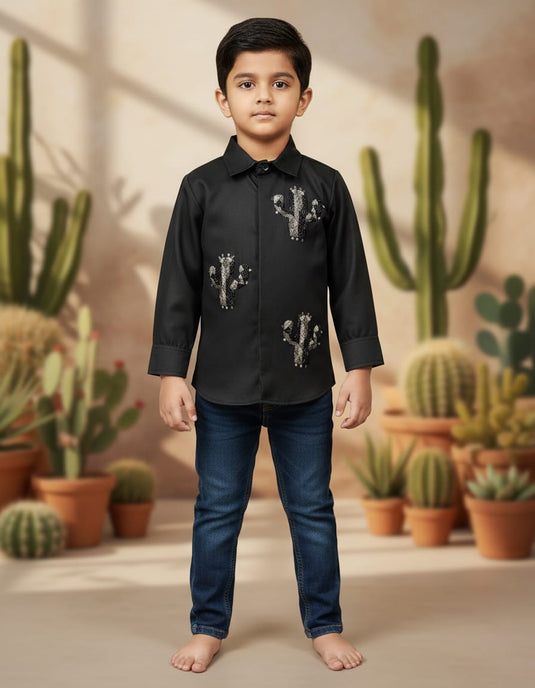 Black Cactus Embroidered Shirt