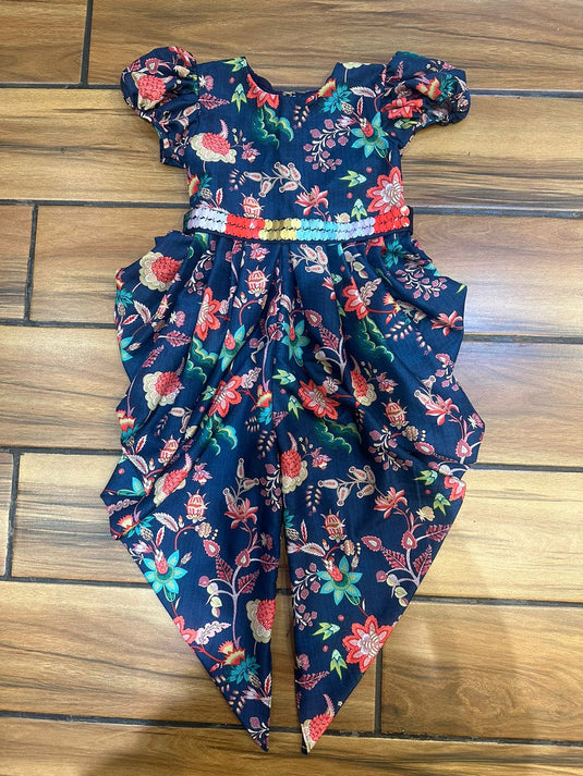 Blue Printed Jumpsuit With Sequins Belt