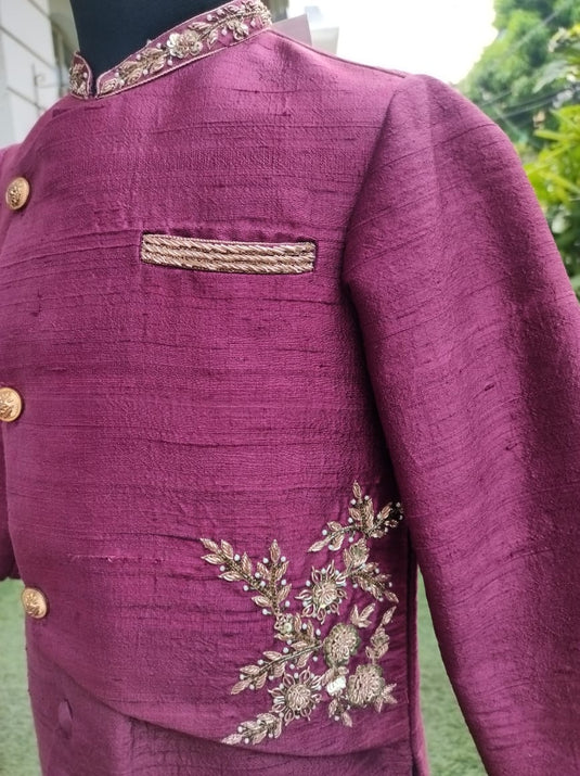 Magenta Raw Silk Embroidered Sherwani