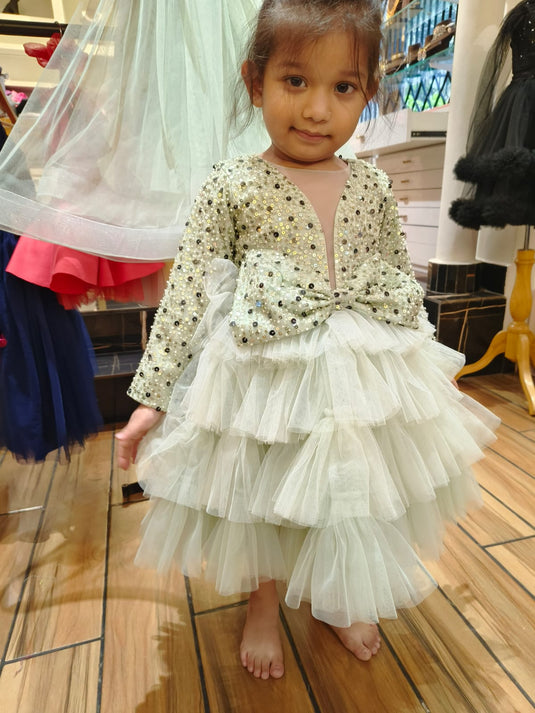 Green Layered Sequins Bow Gown