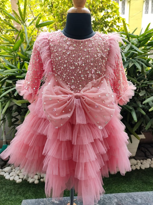 Pink Sequins Bow Net Layered Feather Dress