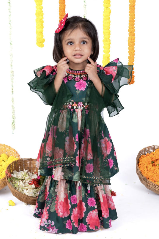 Green Floral Mirrorwork Kurti Sharara Set