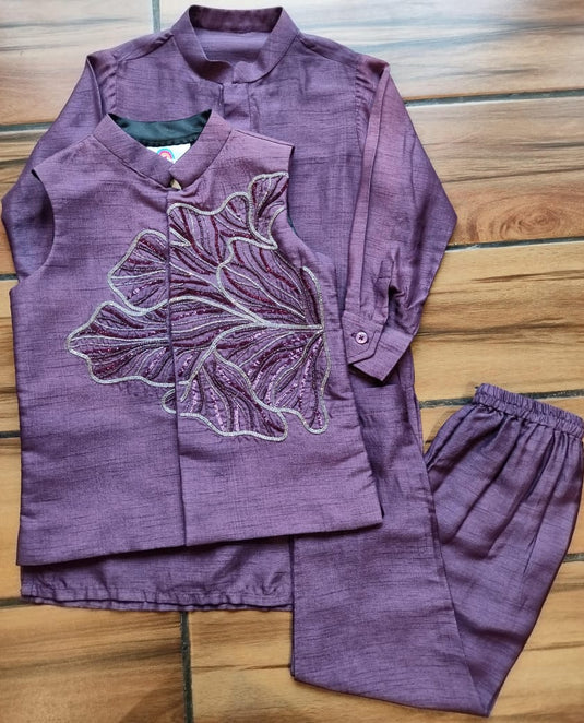 Regal Purple Big Flower Embroidered Kurta Set With Pant