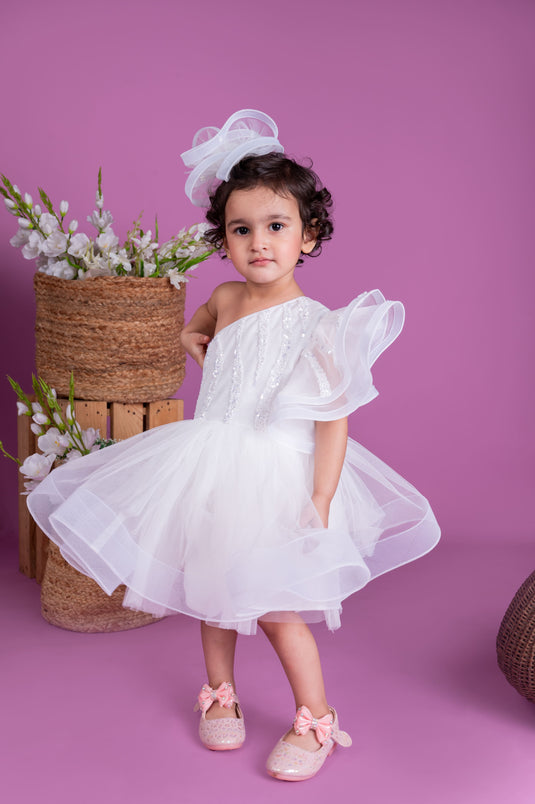 White Embellished One Shoulder Dress