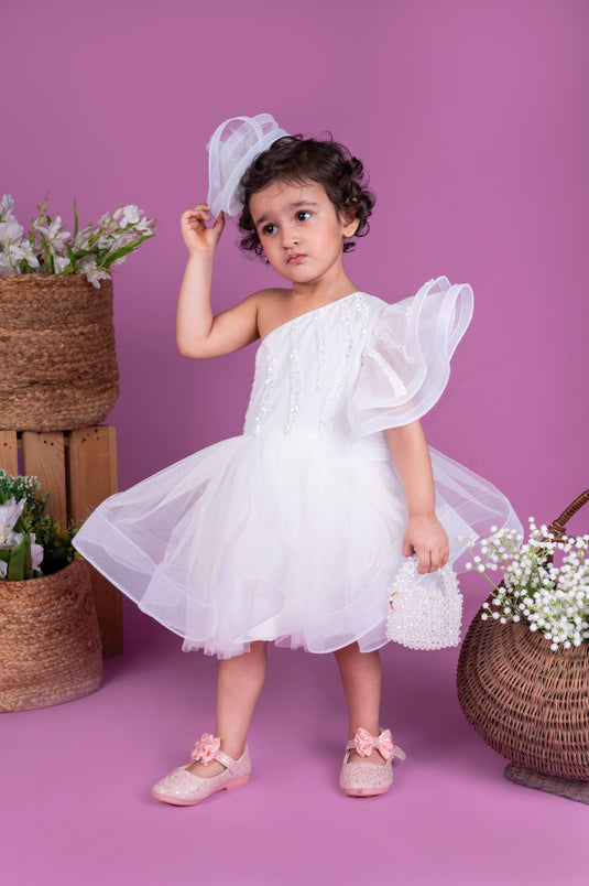White Embellished One Shoulder Dress