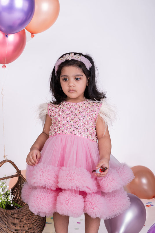 Pink Embellished Layered Ruffle Dress