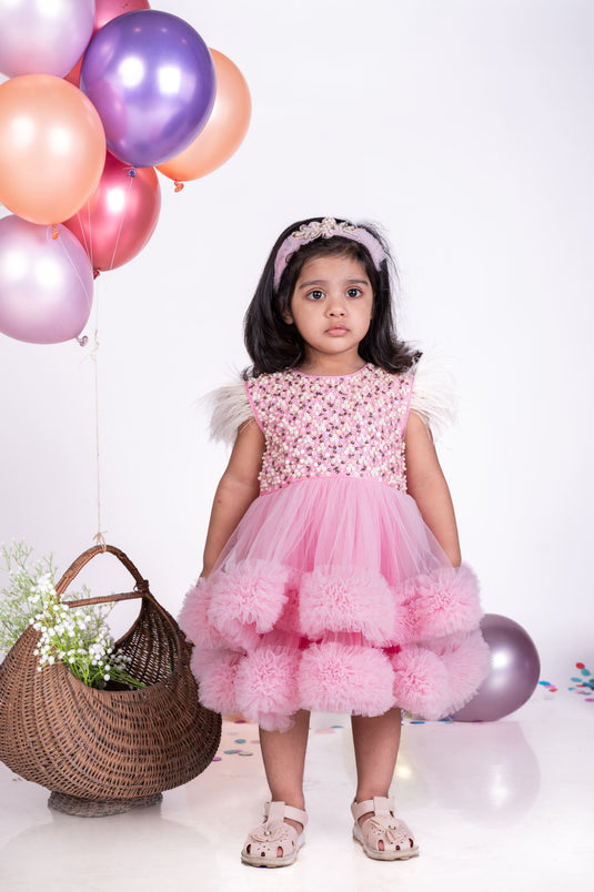 Pink Embellished Layered Ruffle Dress