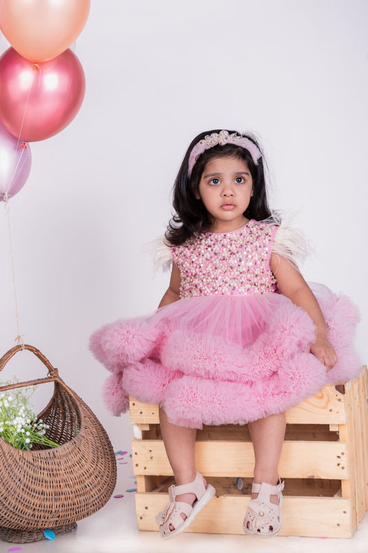 Pink Embellished Layered Ruffle Dress