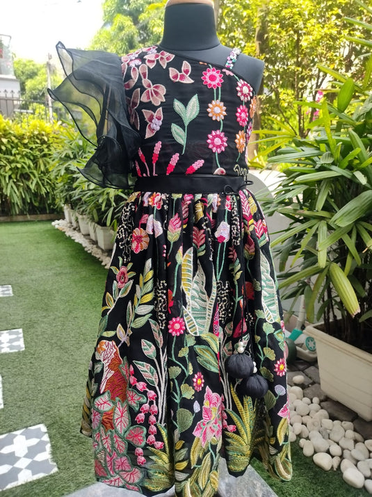 Black Threadwork One Shoulder Lehenga Set