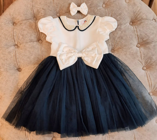 Gorgeous White And Navy Big Bow Pearl Dress