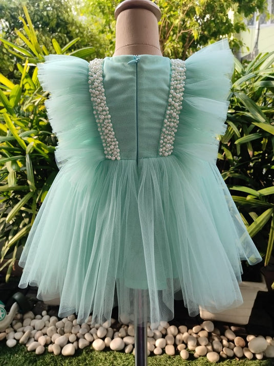 Sea Green Pearl Bow Frock Dress