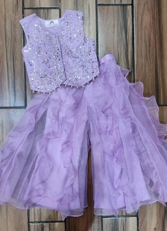 Lavender Mirrorwork Waistcoat With Ruffle Palazzo