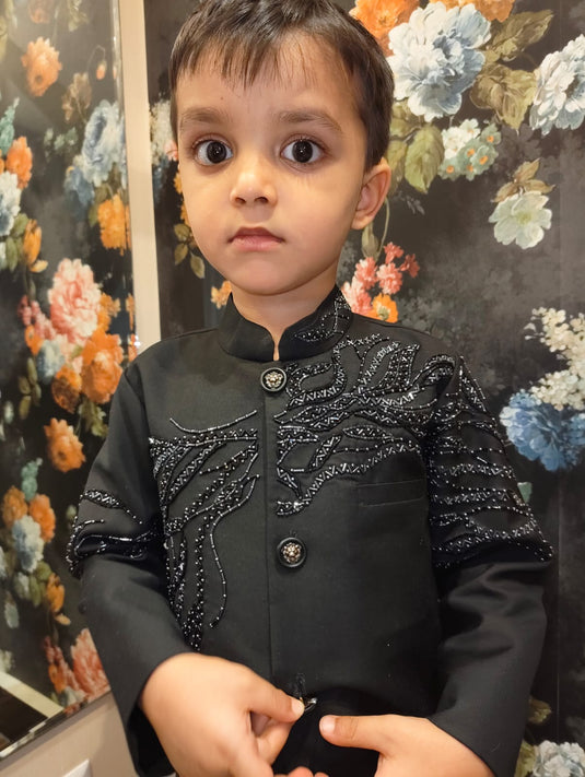 Black Geometric Embroidered Bandhgala